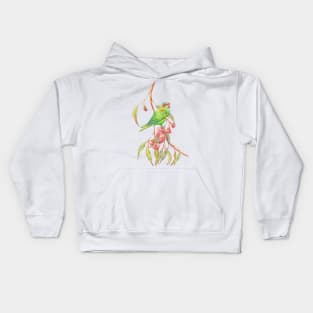 Musk lorikeet parrot and eucalyptus branch with pink flowers Kids Hoodie